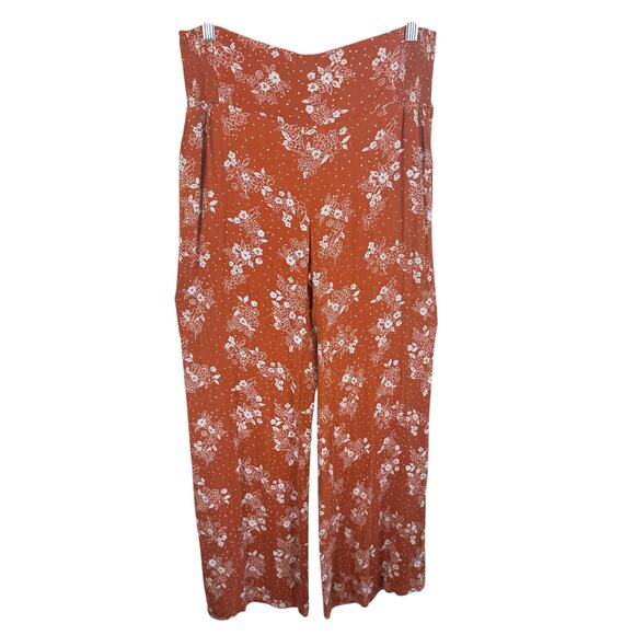 Three Dots Orange White Floral Smocked Straight Leg High Waist Rayon Pants Sz  L - Picture 2 of 9